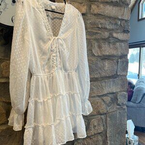 VENUS Feminine White Ruffled Lace-Up Dress Size Small